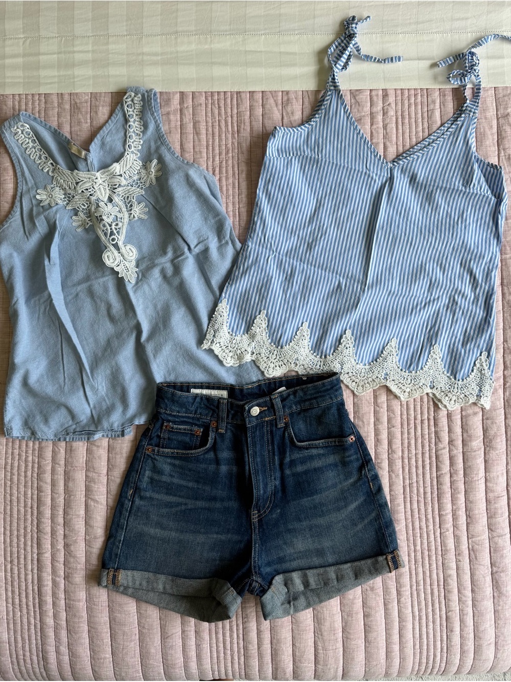 Zara Denim Shorts+2 Blue Lace-Trim Striped & Solid Women’s Tank Tops